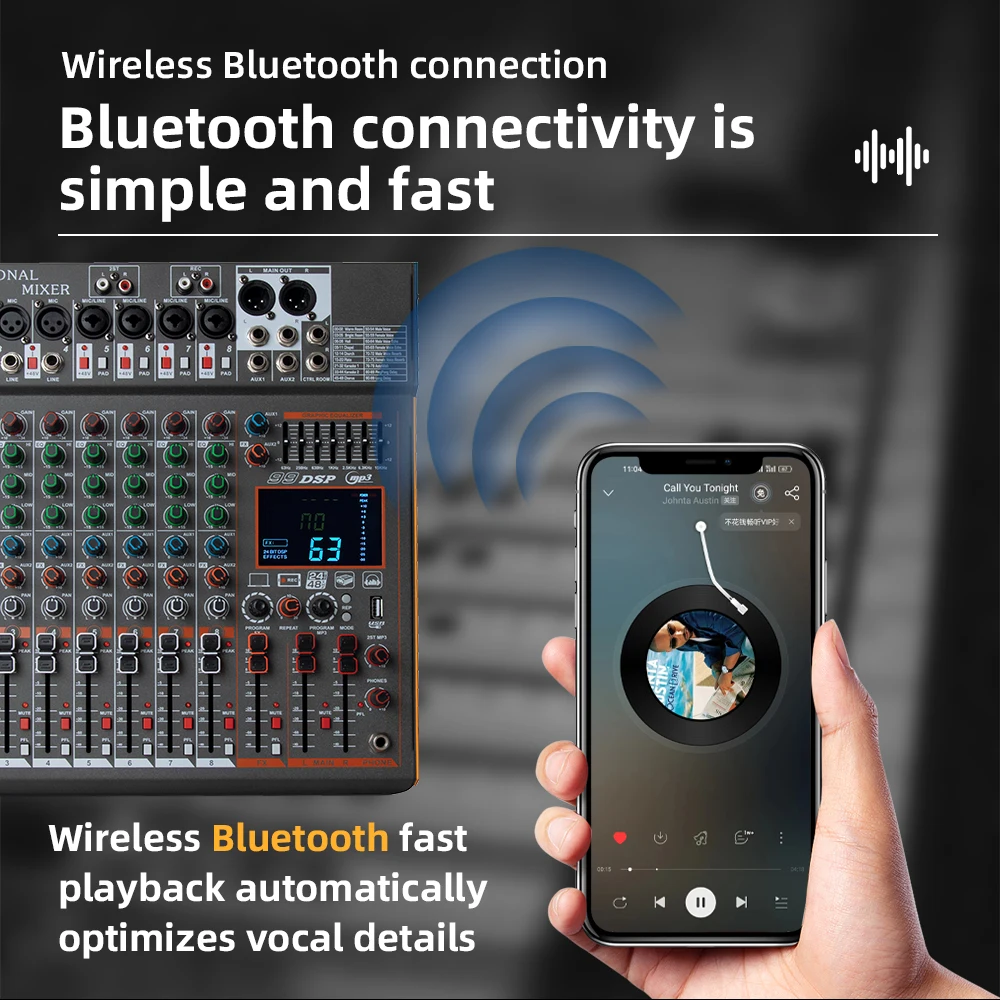 8 Channel Mixing Console USB Bluetooth Reverb Monitor Mic Input Mixer with LED Display 99 DSP Effects MP3 Player DJ Controller