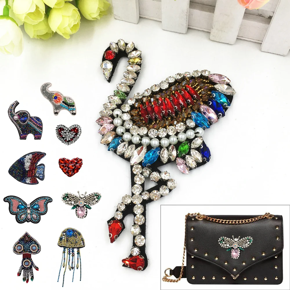 50pcs Rhinestone Beaded Patches Clothes DIY Handmade Crystal Heart Animal Parch Sewing on Sequins Applique Bag Decorative