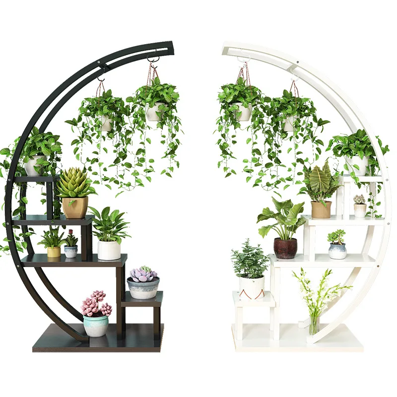 New arrival wooden crescent shaped Steel Metal Flower Display Stand multi layer indoor home Plant Shelf Holder