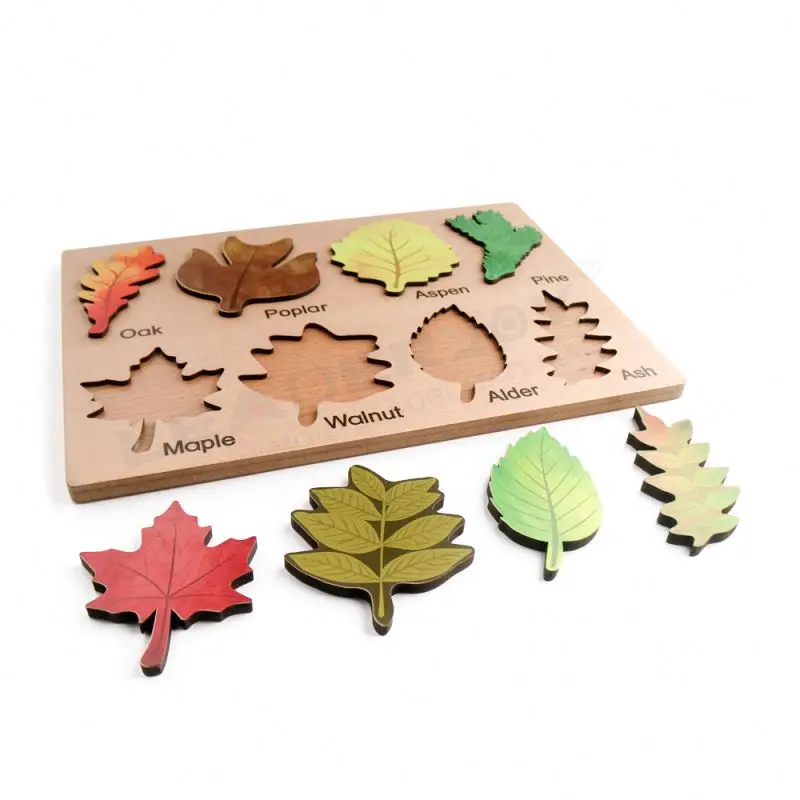 LeaderJoy Nordic Wooden Eco Friendly Toys Wooden Educational Toy Montessori Puzzle Toys With Leavers Shape