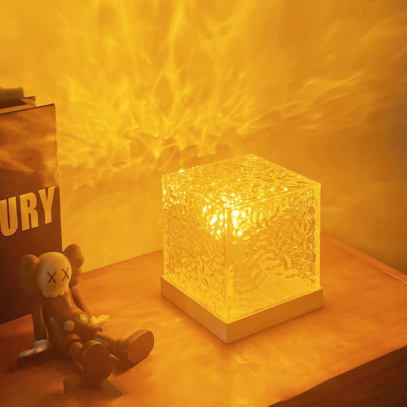 RGB Dimmable Crystal Table Lamp USB Rotating Projection LED Water Ripple Ambiance Night Light for Bedroom Bedside Game Room Gift