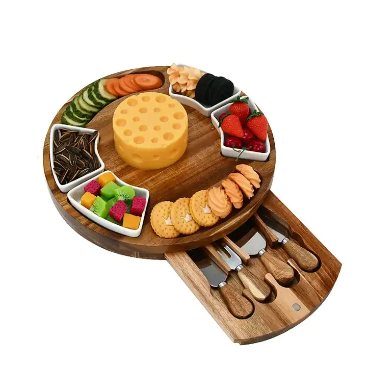 Acacia Wood Cheese Board Set with Slate Round Charcuterie Board Cheese Serving Platter with Slide-Out Drawer