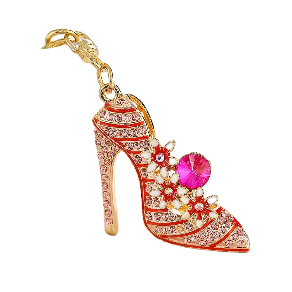 Bag pendant with diamond flower high heels shoe charms for crocs metal keychain creative small gift custom pendant