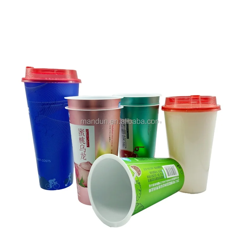 Mandun PP plastic cup custom IML fruit juice coffee smoothies milk tea cup disposable cup plastic with lids iml
