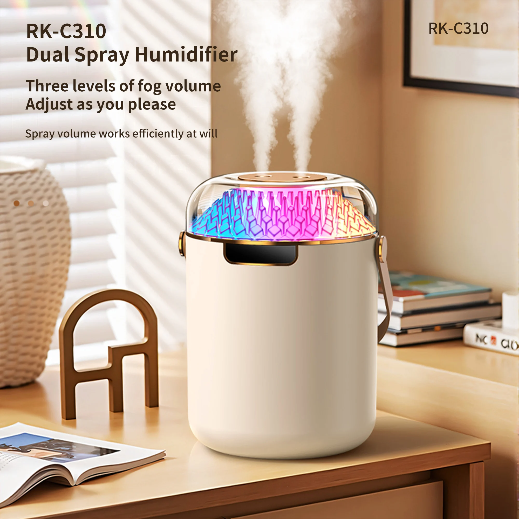 Dual sprays new home car USB rechargeable simulation flame humidifier RK-C310 360ml large capacity colorful lights humidifier
