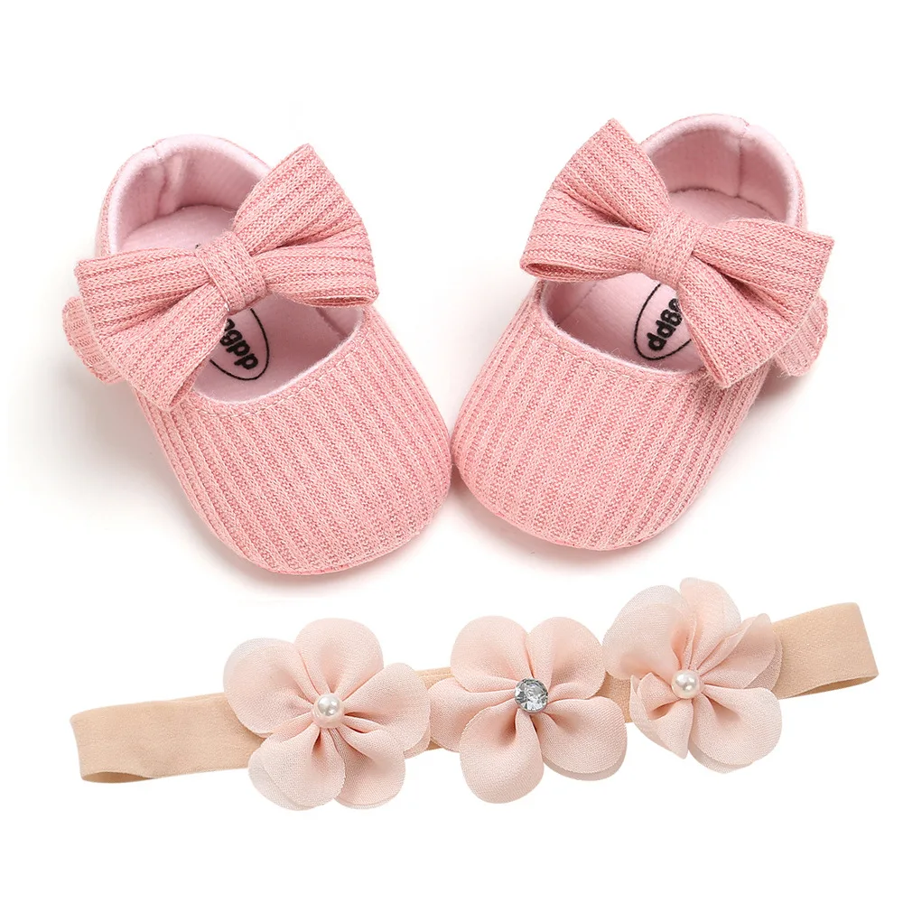 2021 cute soft bow baby toddler shoes pink solid color with flower headband set