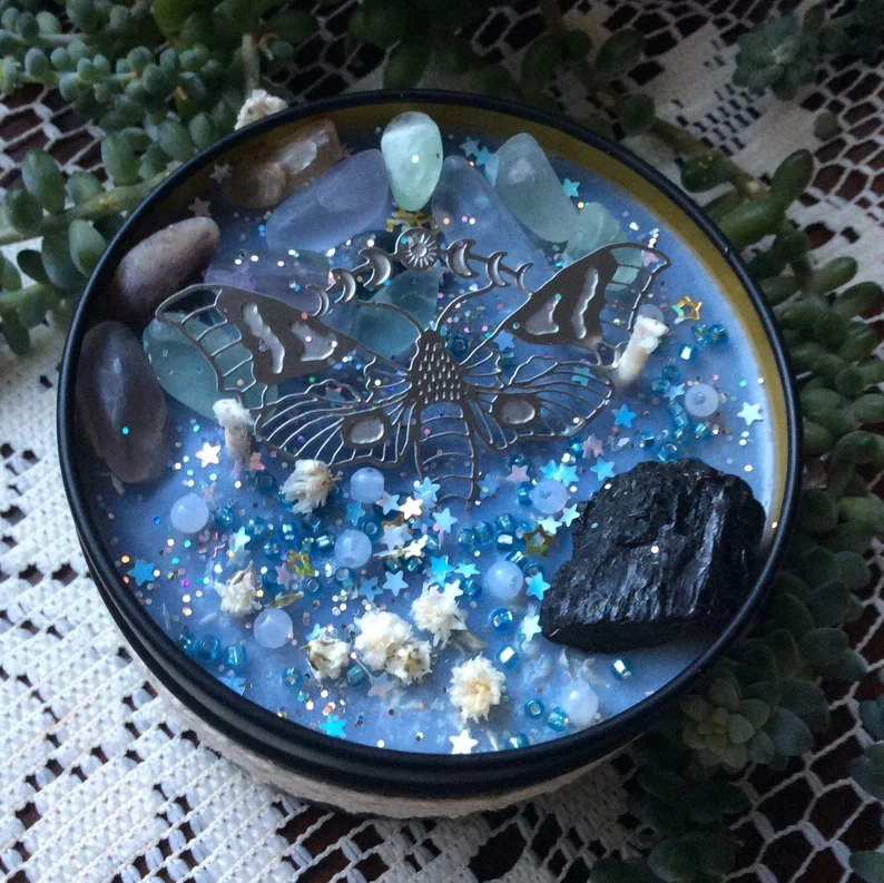 Wholesale Customized Blue Color Scents Fragrance Healing Crystals Flowers Scented Soy Wax Candles With Lid