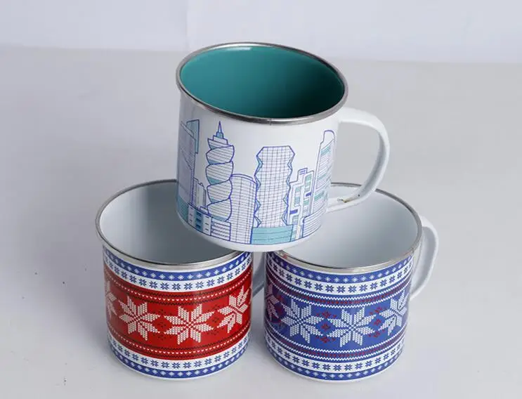 Enamel Camping Travel Cup with stainless steel rim,  stainless steel enamel Tin office 12oz travel mug