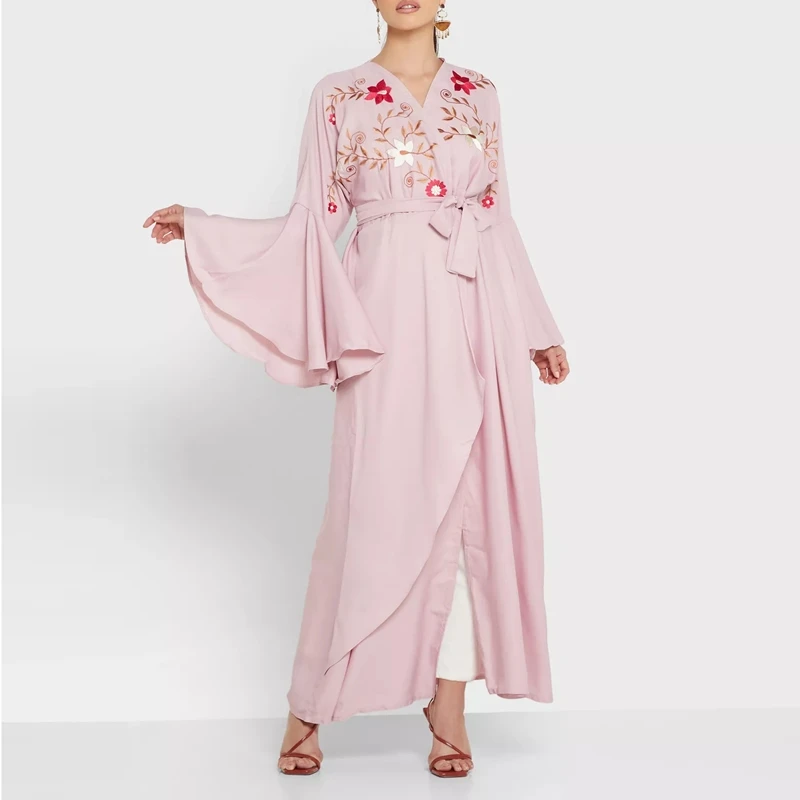 OEM custom pink 2023 summer ladies fashion embroidery turkish muslim casual dress chiffon abayas women