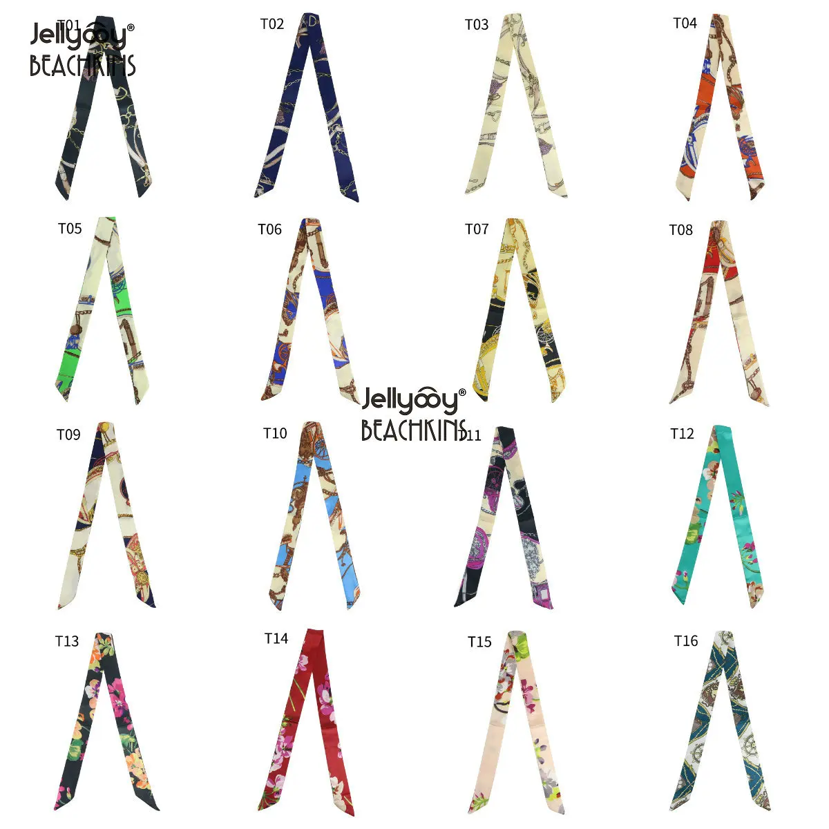 
Jellyooy BEACHKINS 100 Colors Colorful Floral Print Twill Scarves Handbag Handle Wrap Ornament 20PCS/Bundle Bag Twill Silk Scarf 