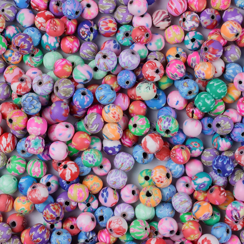 
50Pcs/Bag 8mm Polymer Clay Flower Pattern Printing Beads Round Loose Beads Random Mix Colors for Make Jewelry Wholesale 