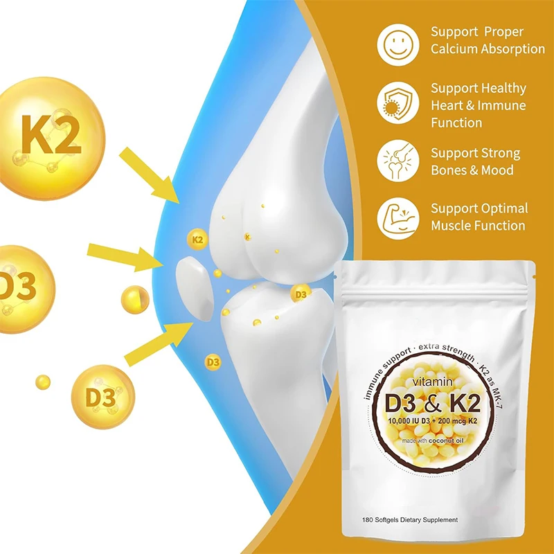 OEM Hot Selling Vitamin D3 & K2 Solftgel Capsules With Coconut oil 300 Mini Softgels Vitamin Supplement Support