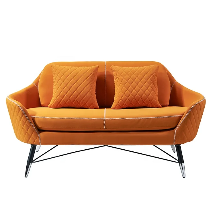 Multi-Pillow Living Room Couch Orange Velvet Fabric Iron Legs Leisure Modern Sofa