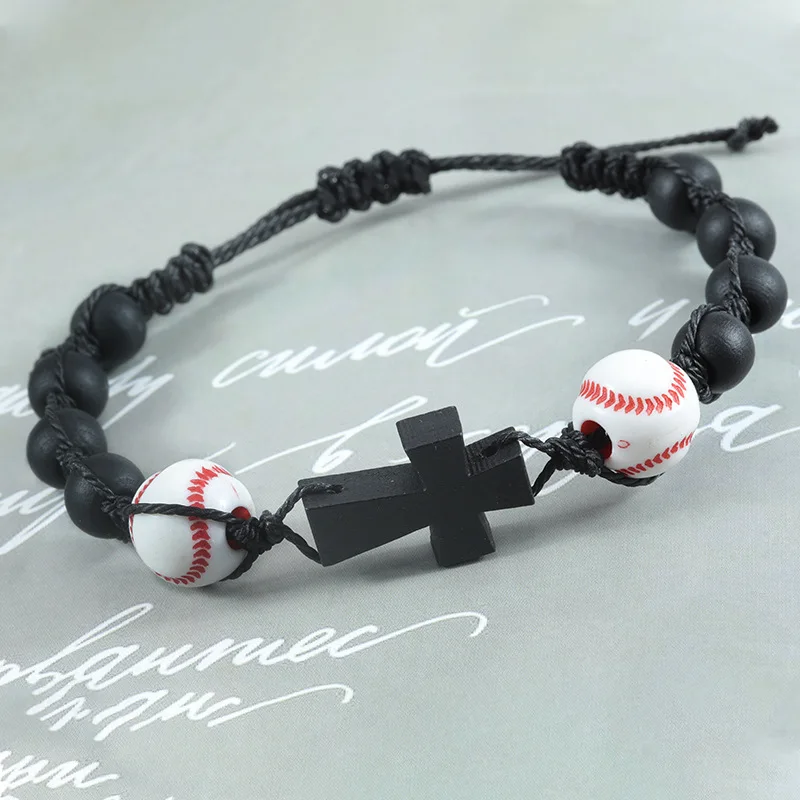 New Sports Baseball Beaded Braided Bracelet Wooden Beads Cross Basketball Braided Hand Rope