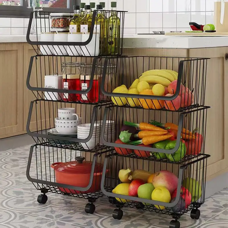 Standing Type Stackable Metal Wire Fruit Vegetable Food Storage Bin Basket For Kitchen