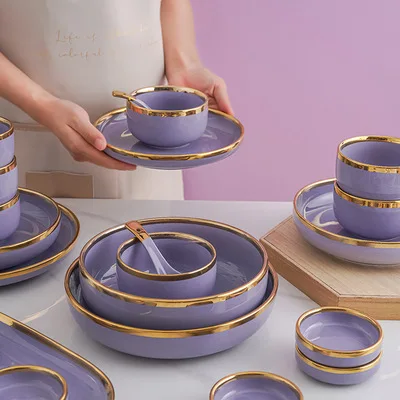Nordic Style Light Luxury Dishes Set Home Creative Phnom Penh Purple Ceramic Tableware Bowl and Vegetable Plate Soup Bowl Set