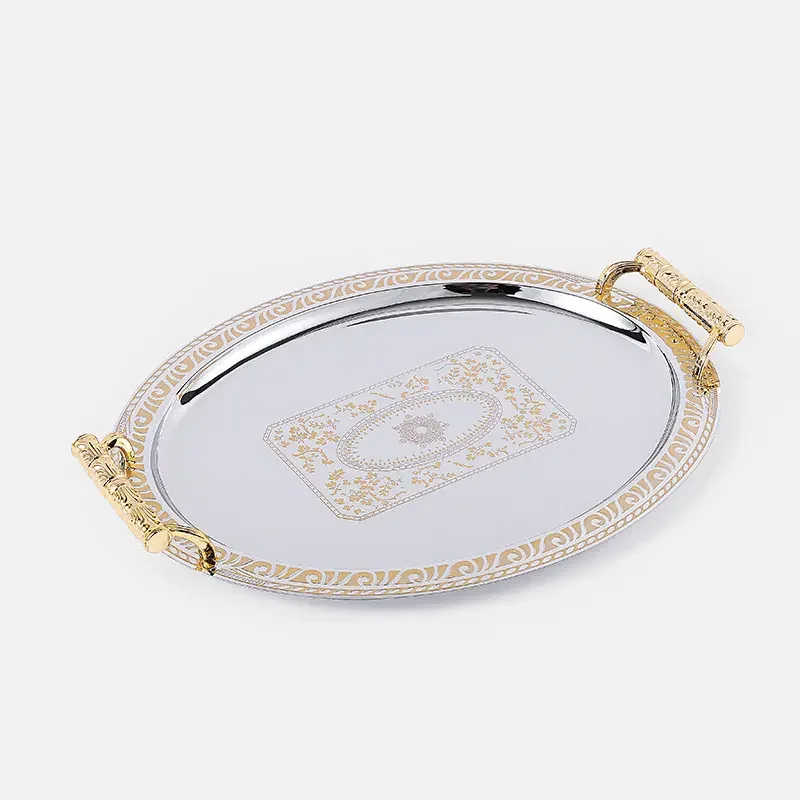 Golden /Silver Plated Oval Single Deco Gold Metal Food Restaurant Serving Tray 52x39cm