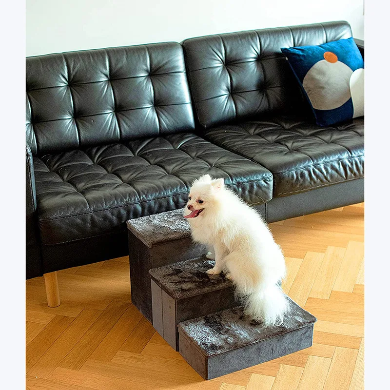 New Design Foldable Storage Ottoman Dogs Stairs Portable Staircase Ramp 3 Step Gray Steps Pet Ladder For Dog Cat Ramping