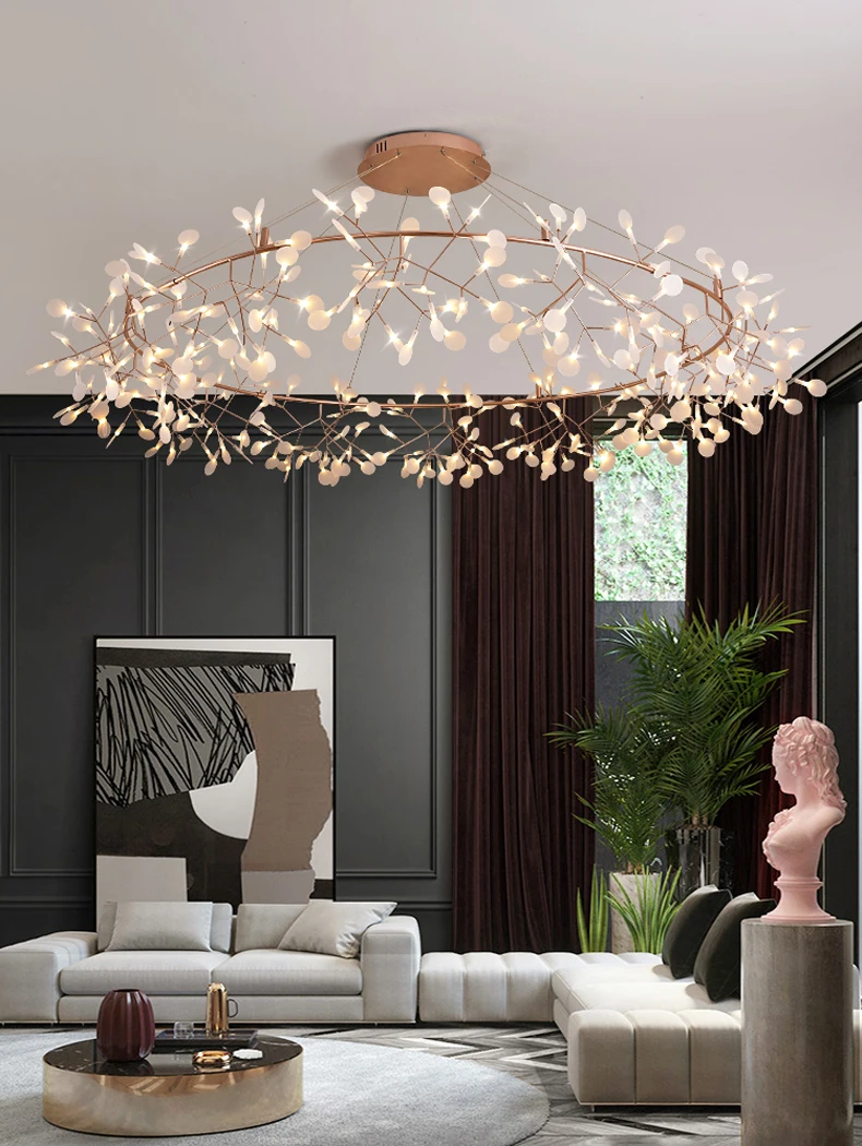 Living room chandelier Romantic Firefly LED Light Stylish Tree Branch Metal Round Dining room Restaurant Ceiling Chandelier