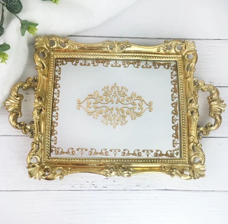 Home Decoration rectangle Shape Resin Jewelry Mirror Tray With Antique Style