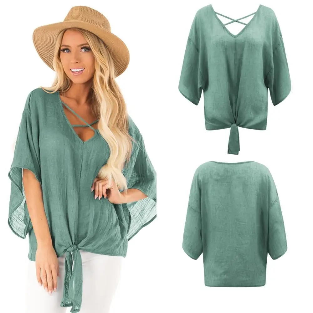 
Wholesale Summer Casual Batwinged Cover Up Soft Light Solid Color Blouse Tshirt 