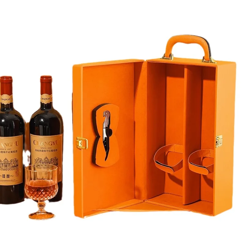 Storage Leather Wine Box And Handles Single Bottle Handmade Gift Box Pu Leather Double Bottle 750ml Red Wine Box