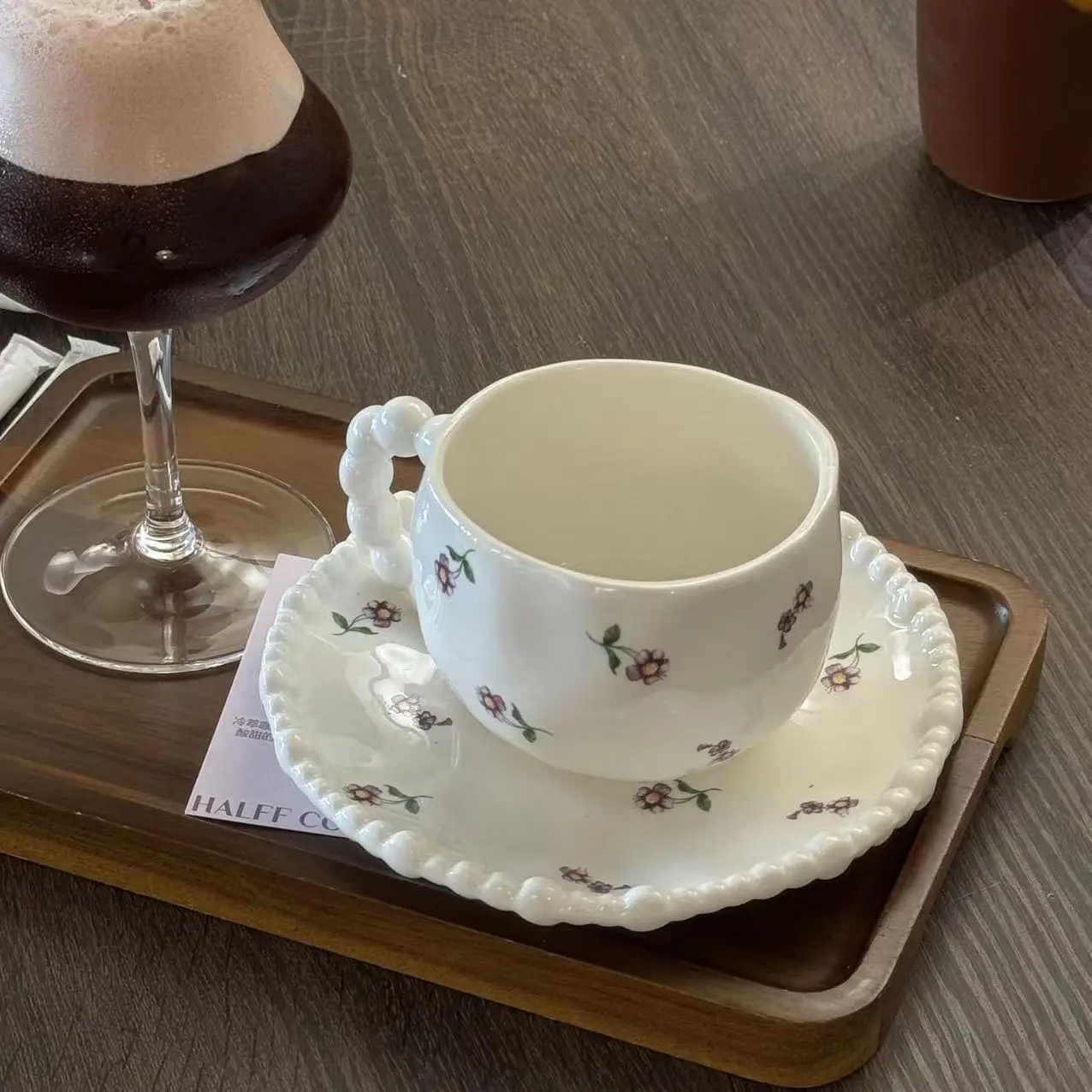 Lelyi French retro cute flower ceramic coffee cup and saucer creative afternoon tea pearl cup cake plate sets
