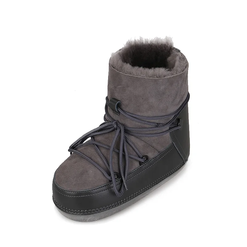 Flat double face sheepskin lace-up durable outdoor luxury moon snow boots women
