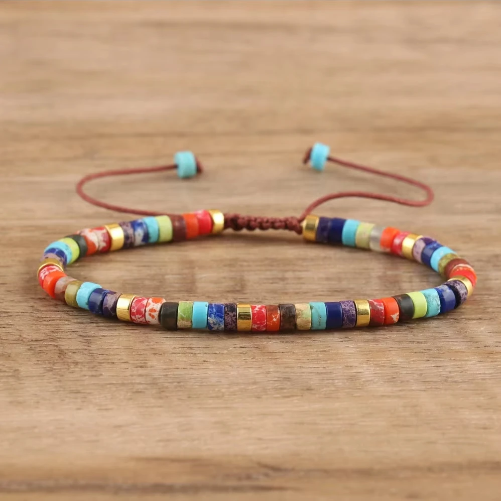 2 x 4 mm Dainty Stone Bracelet for Women Semi-precious Flat Beaded Handwoven Adjustable Healing Imperial Jasper Bracelet