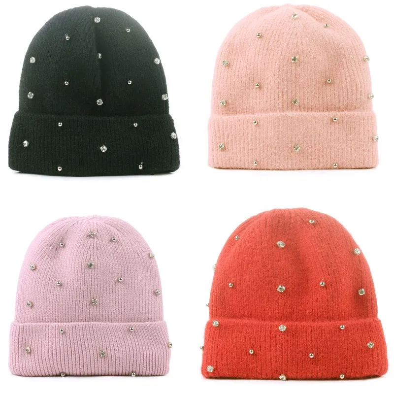 Fashion Custom Bling Beanies For Women Knitted Hat Female Warm Winter Hat Ladies Outdoor Fashion Crystal Designer chapeau Hat