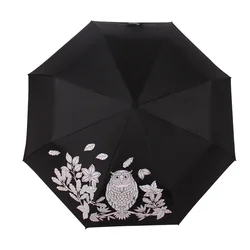 Compact travel 3 folding pocket size umbrella owl pattern changing color 23inch umbrella