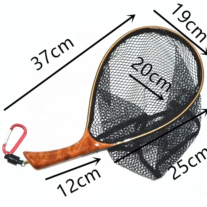 TAKEDO TKL003 Soft Rubber Mesh Trout Scoop Net Waterproof Cinnamomum Camphora Wooden Handle Fly Fishing Landing Net For Fishing