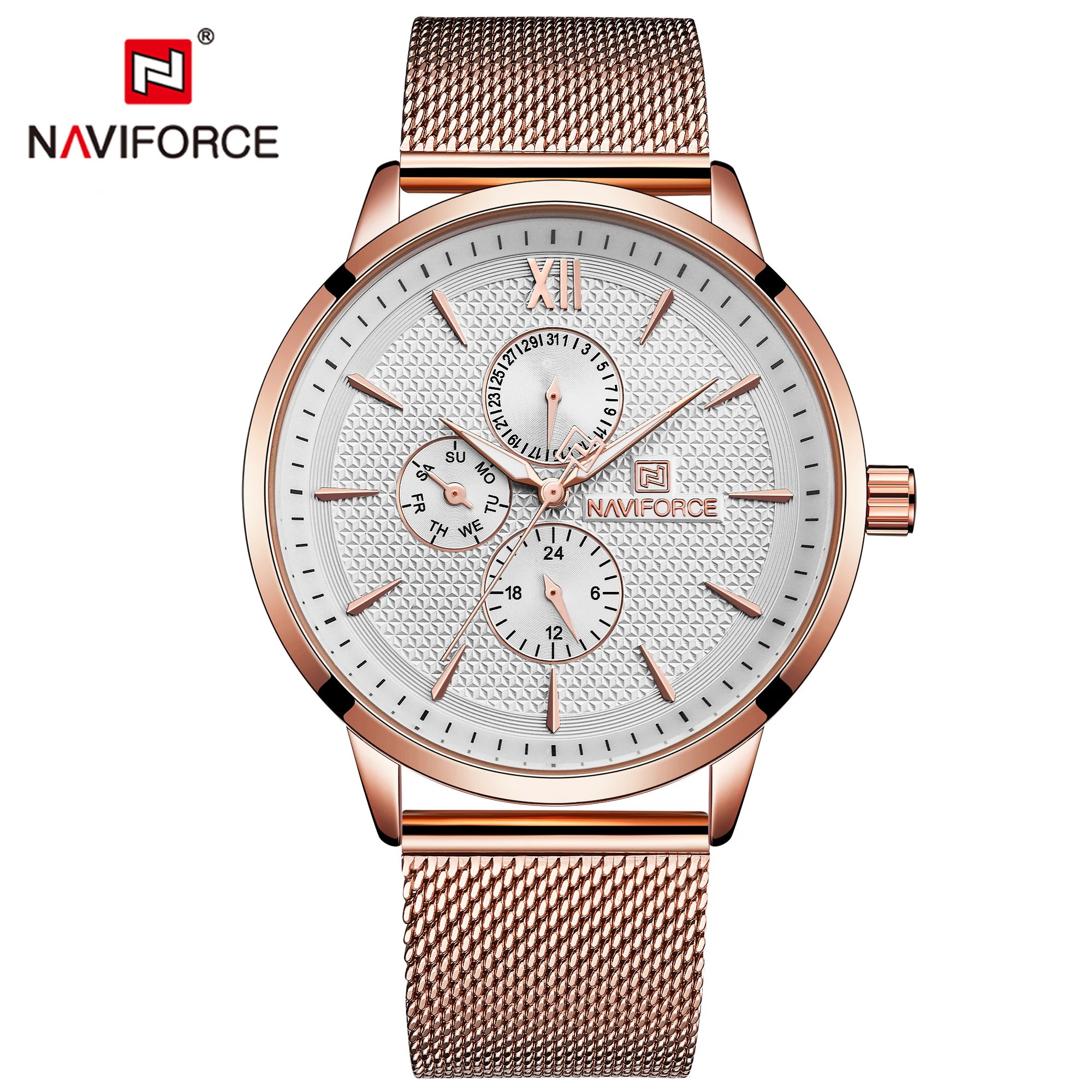 Часы наручные naviforce montr женские кварцевые модные брендовые с хронографом и сетчатым браслетом из розового золота 3003