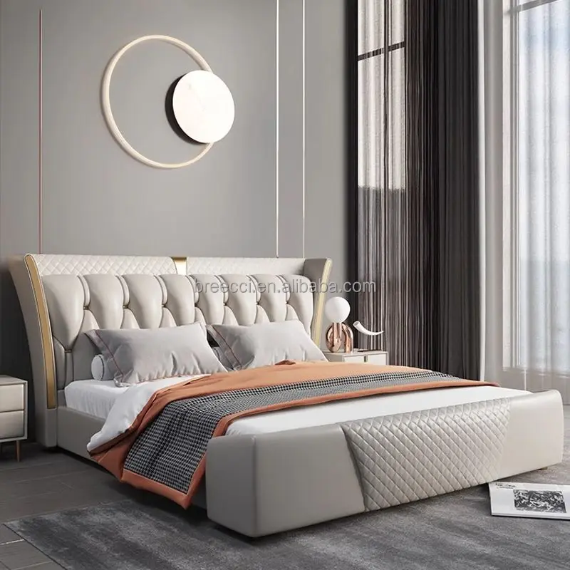Luxury Modern King Double Bed Set High Quality Queen White Leather Wooden Frame Tufted Soft Feature Bedroom Storage Solution