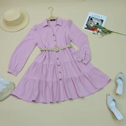 New summer lapel waistband button long sleeve solid color pleated waistband casual blouses blouse dresses