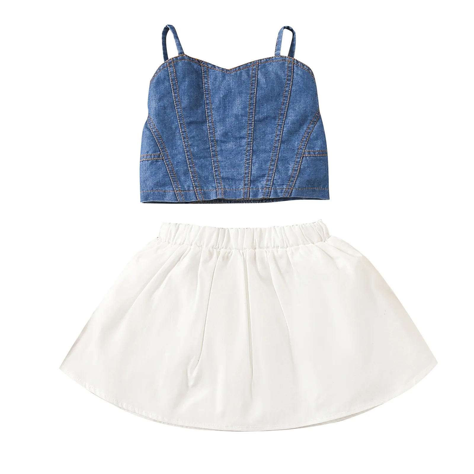 Denim Top And Skirt 2pcs Summer Skirts 2022 Kids Children Dress Outfits Toddler Girls Summer White Pleated Skirt Sets
