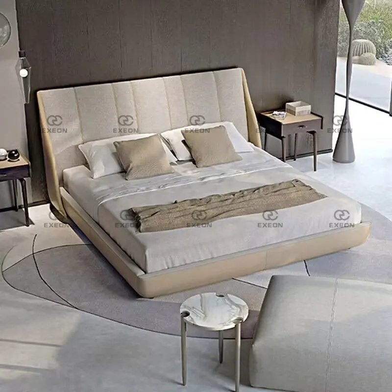 Bedroom Furniture Modern Soft Up-holstered Minimalist King Size Beds Khaki Wooden Bedroom Sets Queen Bed