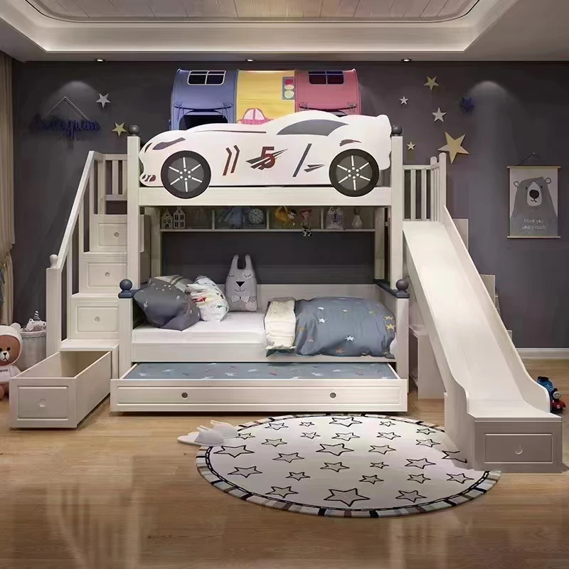 Children Bedroom Blue Boys Wood Bunk Beds Frame Twin Over Twin Size with Ladder