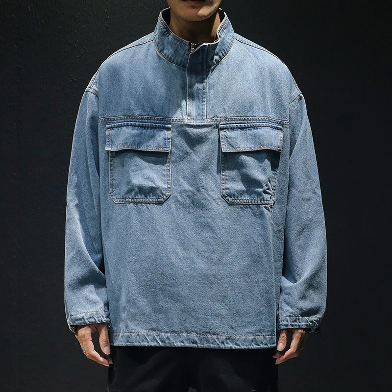 Custom Jean Jacket Men Fashion Plus Size Hoodies Denim Outwear Coat Loose Long Sleeve Denim Jacket