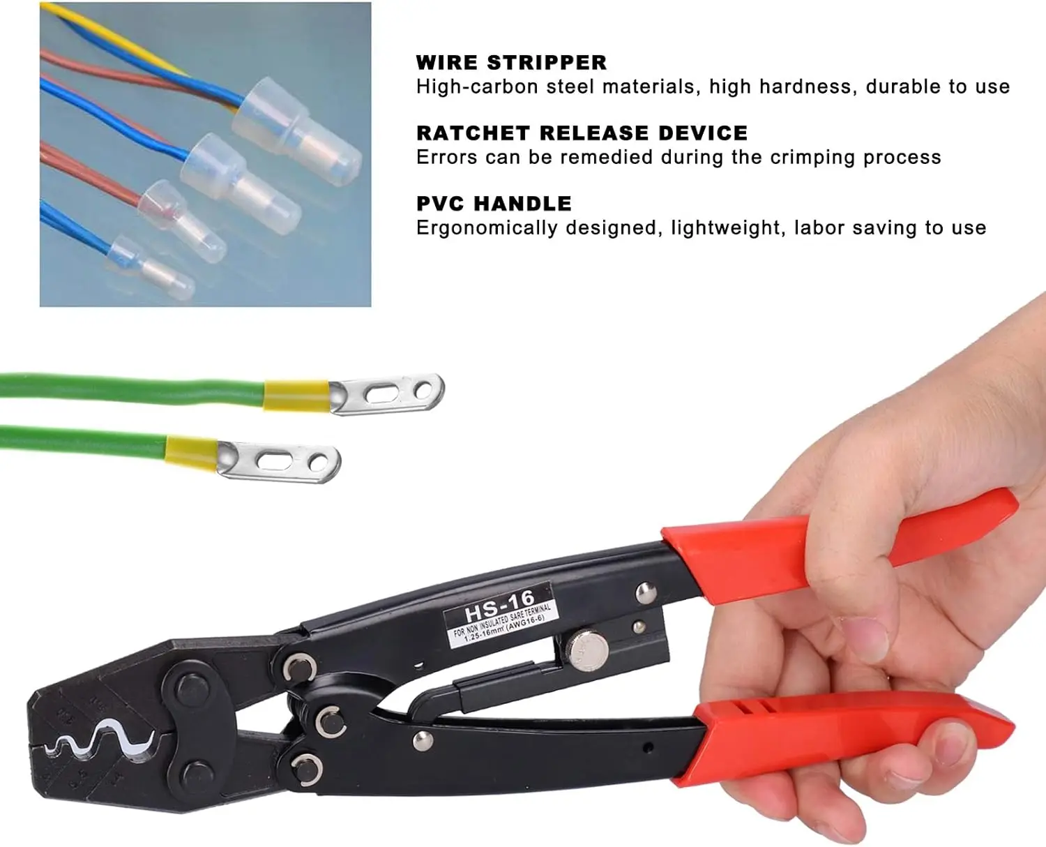 Non Insulated Terminal Crimper AWG 22-6 Ratchet Wire Crimper Tool Battery Cable Terminal Copper Butt Connectors Splice Wire