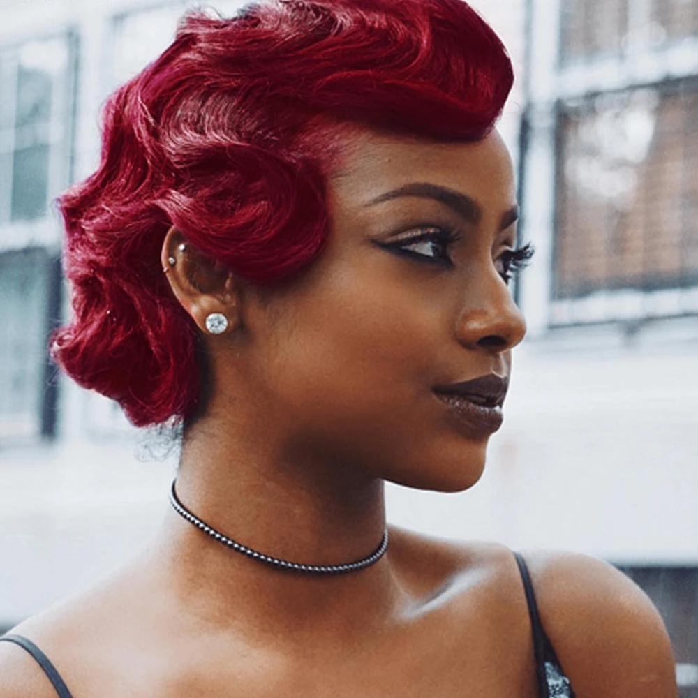 GS Hair Short Lace Human Hair Wigs For Women , Brazilian Finger Wave Wig Remy Human Hair Pixie Cut Lace Wigs