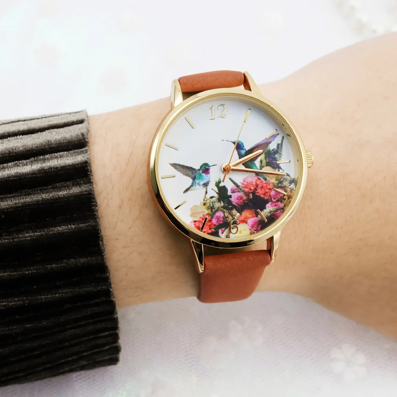 Wholesale beautiful mix colors custom printing watch dial fashion ladies dress watch leather band for girls