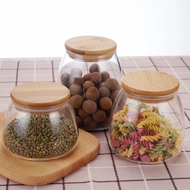 Factory direct custom 850ml 650ml 400ml high borosilicate transparent glass storage jar with bamboo lid