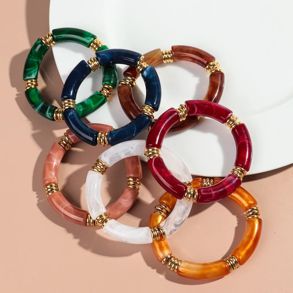 Bohemian Style Colored Marble Resin Bangle Fashion Jewelry Eco-friendly Metal Spacer Tube Bead Acrylic Bracelet Wholesale