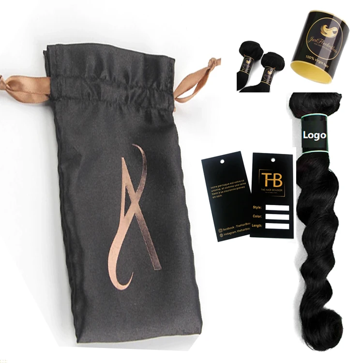 
Customize Logo printed drawstring hair extension black satin bag for wig bundles 