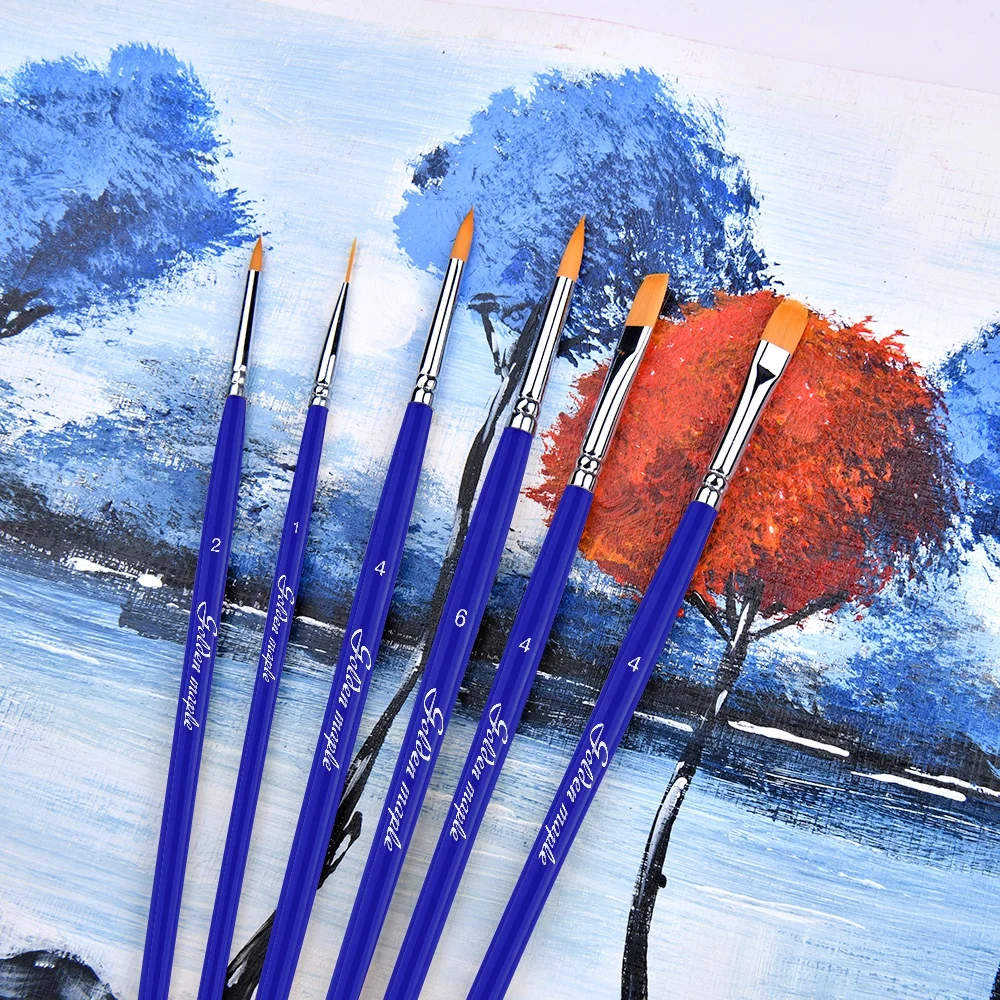 2023 New Arrival 6pcs Blue Sliver Tip Face Paint Brushes Set Short Wood Handle Nylon Hair Acrylic Artist Paint Brush