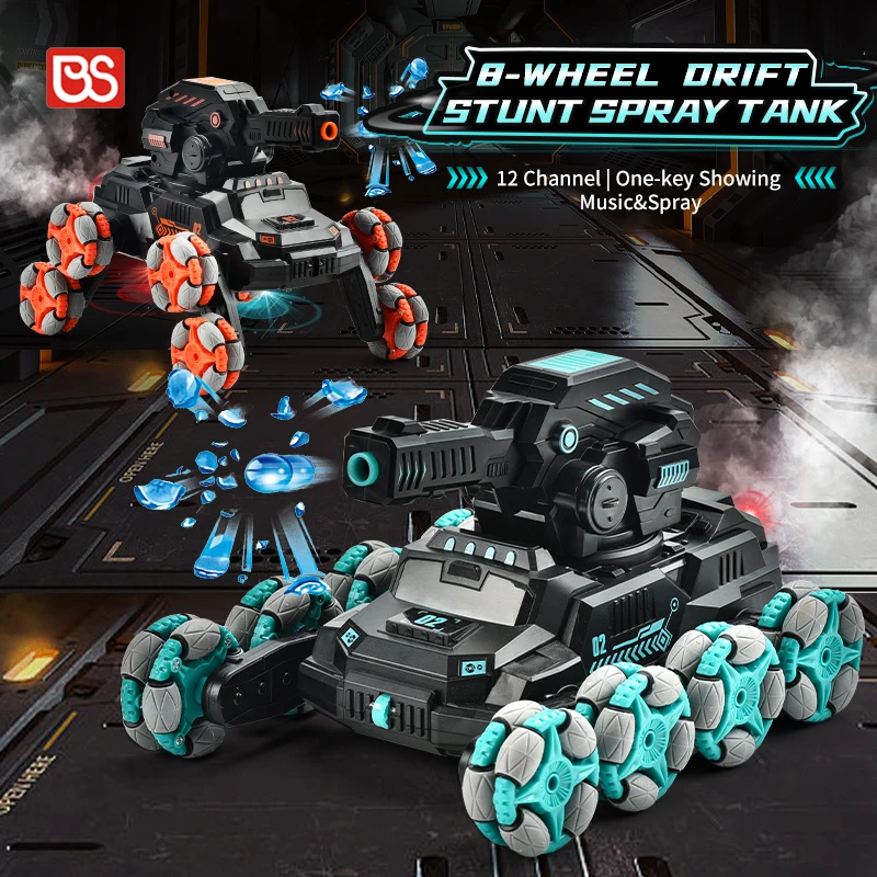BS 2.4G Remote Control Tank With Light Water Bomb Tank Toys For Kids 360 Degree Spin Rc 8 Wheel Drift Stunt Spray Tank