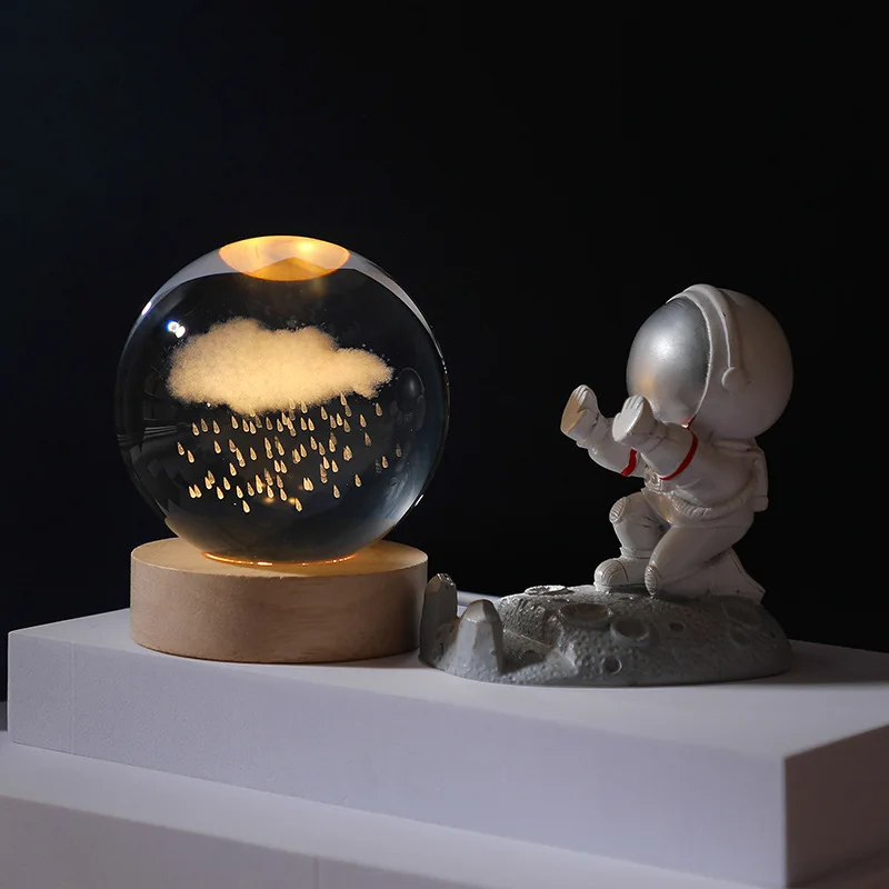 Crystal Glass Ball with Feng Shui Style Engraving Night Light Decorative Paperweight Figurine for Home Office for Gift
