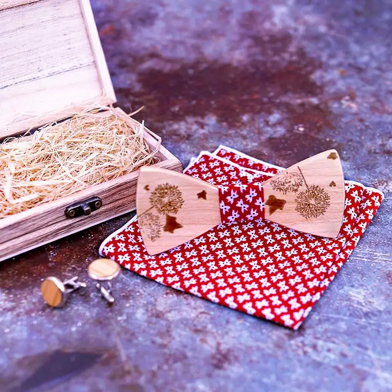 Male and female dandelion carved solid wooden bow tie set explosion celebration gift