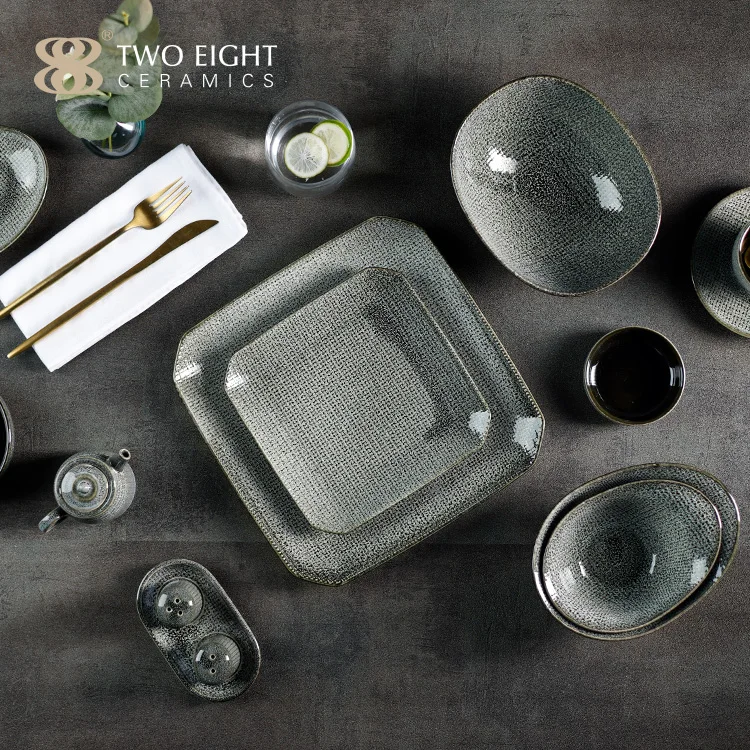 Two Eight New Design Glaze Grey Ceramic Tableware Set Porcelain Dinner Set For Restaurant Plate Set Dinnerware Catering Plate